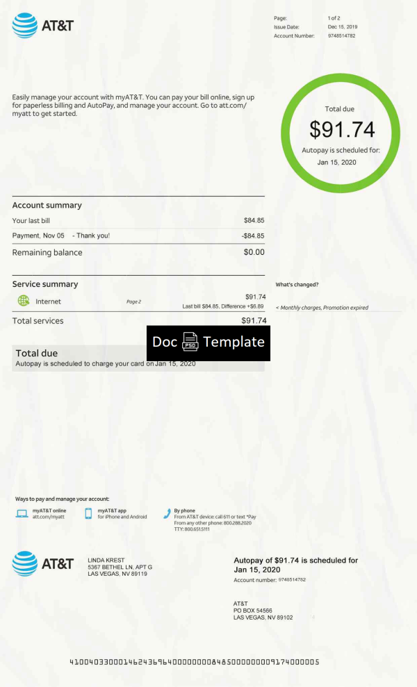 AT&T Utility Bill Template