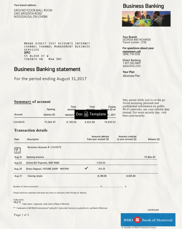 Bank of Montreal Statement Template
