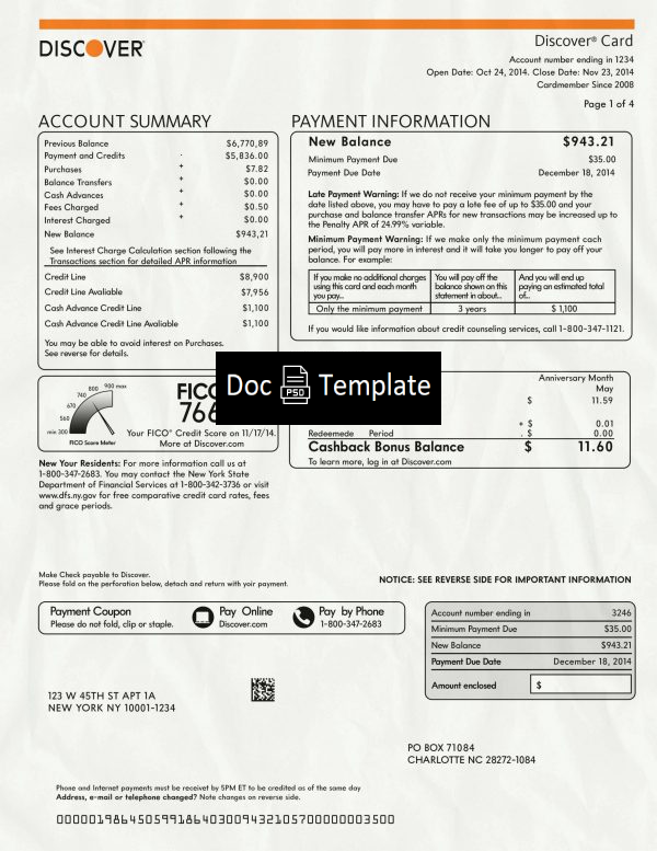 Discover card Statement Template