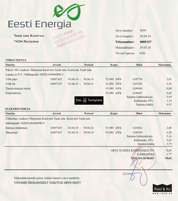 Estonia Utility Bill Template