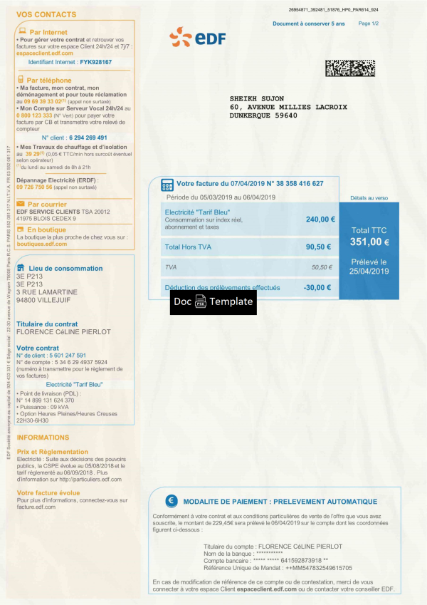 France Utility Bill Template